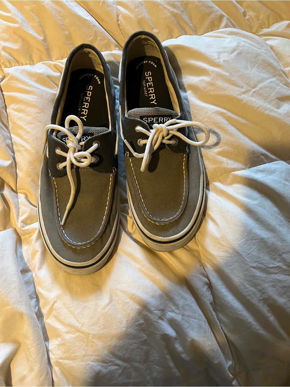 Sperry Men’s Olive Gray Canvas Boat Shoes with White Laces